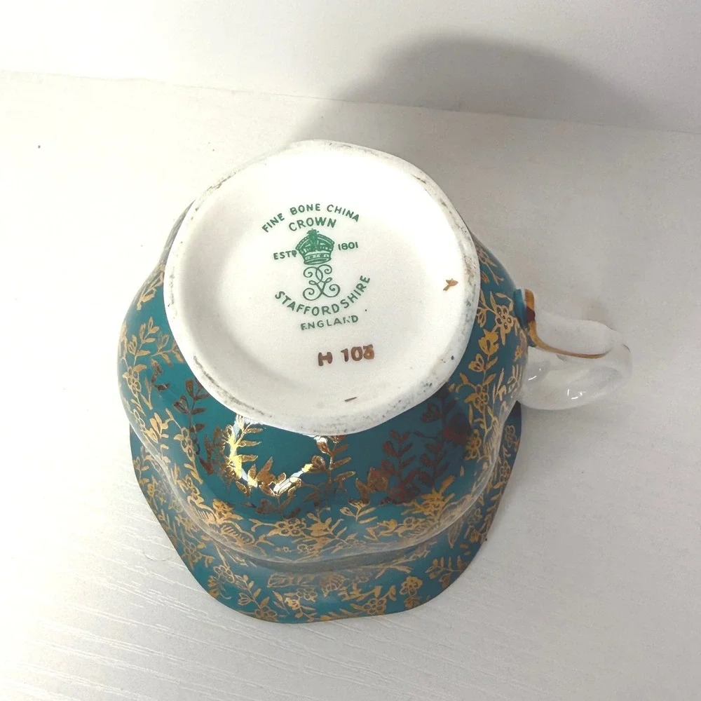 Crown Staffordshire England Creamer Pitcher Teal Gold Floral Fine Bone China